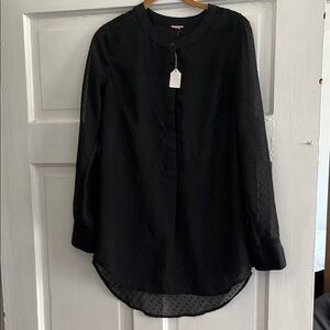 Semi-Sheer Black Dot-Texture Long Sleeve Blouse